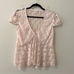 Y2K Babydoll Sheer Lace Top Pastel Baby Pink Sz XL Dainty Bow Coquette Ethereal